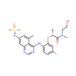 Cc1cc(N=S(C)(C)=O)cc2ncnc(Nc3ccc(F)cc3O[C@H](C)C(=O)N(C)CCO)c12 ZINC001772649348