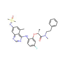 Cc1cc(N=S(C)(C)=O)cc2ncnc(Nc3ccc(F)cc3O[C@H](C)C(=O)N(C)CCc3ccccc3)c12 ZINC001772639585