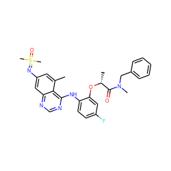 Cc1cc(N=S(C)(C)=O)cc2ncnc(Nc3ccc(F)cc3O[C@H](C)C(=O)N(C)Cc3ccccc3)c12 ZINC001772590573