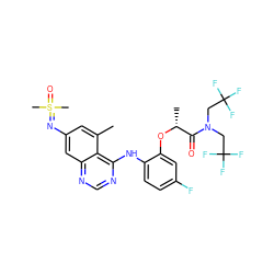 Cc1cc(N=S(C)(C)=O)cc2ncnc(Nc3ccc(F)cc3O[C@H](C)C(=O)N(CC(F)(F)F)CC(F)(F)F)c12 ZINC001772621406