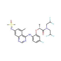 Cc1cc(N=S(C)(C)=O)cc2ncnc(Nc3ccc(F)cc3O[C@H](C)C(=O)N(CC(F)F)CC(F)F)c12 ZINC001772626272