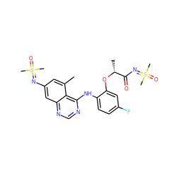 Cc1cc(N=S(C)(C)=O)cc2ncnc(Nc3ccc(F)cc3O[C@H](C)C(=O)N=S(C)(C)=O)c12 ZINC001772657710