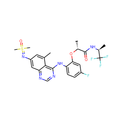 Cc1cc(N=S(C)(C)=O)cc2ncnc(Nc3ccc(F)cc3O[C@H](C)C(=O)N[C@@H](C)C(F)(F)F)c12 ZINC001772586695