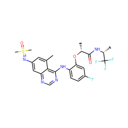 Cc1cc(N=S(C)(C)=O)cc2ncnc(Nc3ccc(F)cc3O[C@H](C)C(=O)N[C@H](C)C(F)(F)F)c12 ZINC001772589267