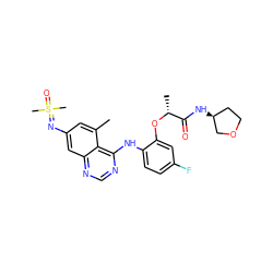 Cc1cc(N=S(C)(C)=O)cc2ncnc(Nc3ccc(F)cc3O[C@H](C)C(=O)N[C@H]3CCOC3)c12 ZINC001772593500