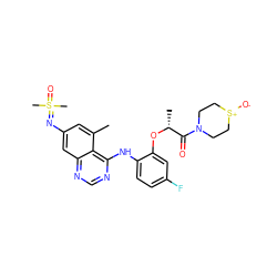 Cc1cc(N=S(C)(C)=O)cc2ncnc(Nc3ccc(F)cc3O[C@H](C)C(=O)N3CC[S+]([O-])CC3)c12 ZINC001772610856