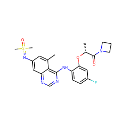 Cc1cc(N=S(C)(C)=O)cc2ncnc(Nc3ccc(F)cc3O[C@H](C)C(=O)N3CCC3)c12 ZINC001772653729