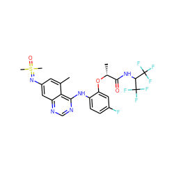 Cc1cc(N=S(C)(C)=O)cc2ncnc(Nc3ccc(F)cc3O[C@H](C)C(=O)NC(C(F)(F)F)C(F)(F)F)c12 ZINC000220942058