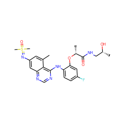 Cc1cc(N=S(C)(C)=O)cc2ncnc(Nc3ccc(F)cc3O[C@H](C)C(=O)NC[C@@H](C)O)c12 ZINC001772627740