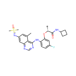 Cc1cc(N=S(C)(C)=O)cc2ncnc(Nc3ccc(F)cc3O[C@H](C)C(=O)NC3CCC3)c12 ZINC001772623952