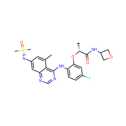 Cc1cc(N=S(C)(C)=O)cc2ncnc(Nc3ccc(F)cc3O[C@H](C)C(=O)NC3COC3)c12 ZINC001772579640