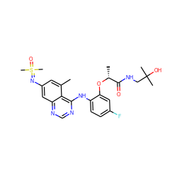 Cc1cc(N=S(C)(C)=O)cc2ncnc(Nc3ccc(F)cc3O[C@H](C)C(=O)NCC(C)(C)O)c12 ZINC001772621436