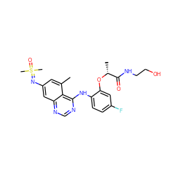 Cc1cc(N=S(C)(C)=O)cc2ncnc(Nc3ccc(F)cc3O[C@H](C)C(=O)NCCO)c12 ZINC001772657833