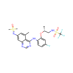 Cc1cc(N=S(C)(C)=O)cc2ncnc(Nc3ccc(F)cc3O[C@H](C)CNS(=O)(=O)C(F)(F)F)c12 ZINC001772627883