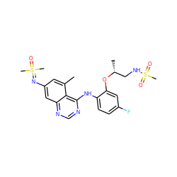 Cc1cc(N=S(C)(C)=O)cc2ncnc(Nc3ccc(F)cc3O[C@H](C)CNS(C)(=O)=O)c12 ZINC001772623884