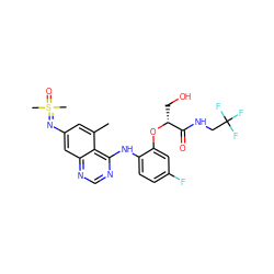 Cc1cc(N=S(C)(C)=O)cc2ncnc(Nc3ccc(F)cc3O[C@H](CO)C(=O)NCC(F)(F)F)c12 ZINC001772633858