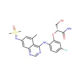 Cc1cc(N=S(C)(C)=O)cc2ncnc(Nc3ccc(F)cc3O[C@H](CO)C(N)=O)c12 ZINC001772653674