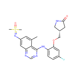 Cc1cc(N=S(C)(C)=O)cc2ncnc(Nc3ccc(F)cc3OC[C@@H]3CNC(=O)C3)c12 ZINC001772656202