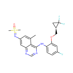 Cc1cc(N=S(C)(C)=O)cc2ncnc(Nc3ccc(F)cc3OC[C@H]3CC3(F)F)c12 ZINC001772636614