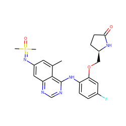 Cc1cc(N=S(C)(C)=O)cc2ncnc(Nc3ccc(F)cc3OC[C@H]3CCC(=O)N3)c12 ZINC001772644519