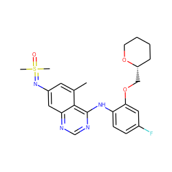 Cc1cc(N=S(C)(C)=O)cc2ncnc(Nc3ccc(F)cc3OC[C@H]3CCCCO3)c12 ZINC001772628805