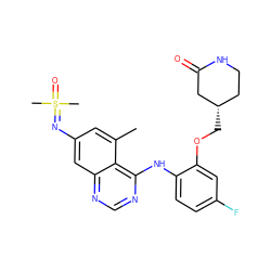 Cc1cc(N=S(C)(C)=O)cc2ncnc(Nc3ccc(F)cc3OC[C@H]3CCNC(=O)C3)c12 ZINC001772587138