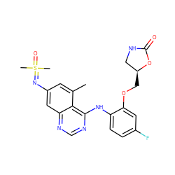 Cc1cc(N=S(C)(C)=O)cc2ncnc(Nc3ccc(F)cc3OC[C@H]3CNC(=O)O3)c12 ZINC001772623892