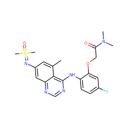 Cc1cc(N=S(C)(C)=O)cc2ncnc(Nc3ccc(F)cc3OCC(=O)N(C)C)c12 ZINC001772597740