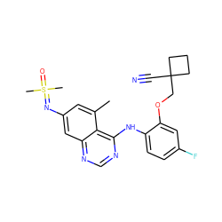 Cc1cc(N=S(C)(C)=O)cc2ncnc(Nc3ccc(F)cc3OCC3(C#N)CCC3)c12 ZINC001772631082