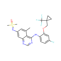 Cc1cc(N=S(C)(C)=O)cc2ncnc(Nc3ccc(F)cc3OCC3(C(F)(F)F)CC3)c12 ZINC001772597079