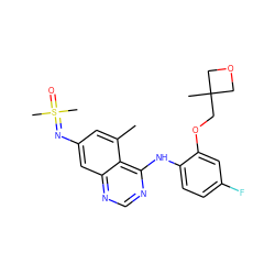 Cc1cc(N=S(C)(C)=O)cc2ncnc(Nc3ccc(F)cc3OCC3(C)COC3)c12 ZINC001772618904