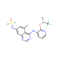 Cc1cc(N=S(C)(C)=O)cc2ncnc(Nc3cccnc3O[C@H](C)C(F)(F)F)c12 ZINC001772640100