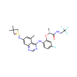 Cc1cc(N=S2(=O)CC(C)(C)C2)cc2ncnc(Nc3ccc(F)cc3O[C@H](C)C(=O)NCC(F)(F)F)c12 ZINC001772579653