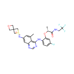 Cc1cc(N=S2(=O)CC3(COC3)C2)cc2ncnc(Nc3ccc(F)cc3O[C@H](C)C(=O)NCC(F)(F)F)c12 ZINC001772570377