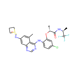 Cc1cc(N=S2(=O)CCC2)cc2ncnc(Nc3ccc(Cl)cc3O[C@H](C)C(=O)N[C@@H](C)C(F)(F)F)c12 ZINC001772641690