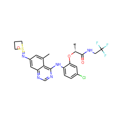 Cc1cc(N=S2(=O)CCC2)cc2ncnc(Nc3ccc(Cl)cc3O[C@H](C)C(=O)NCC(F)(F)F)c12 ZINC001772578366