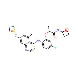 Cc1cc(N=S2(=O)CCC2)cc2ncnc(Nc3ccc(F)cc3O[C@H](C)C(=O)NC34CC(C3)C4)c12 ZINC001772649341