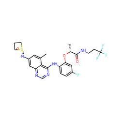 Cc1cc(N=S2(=O)CCC2)cc2ncnc(Nc3ccc(F)cc3O[C@H](C)C(=O)NCCC(F)(F)F)c12 ZINC001772624141