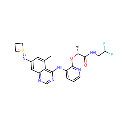 Cc1cc(N=S2(=O)CCC2)cc2ncnc(Nc3cccnc3O[C@H](C)C(=O)NCC(F)F)c12 ZINC001772649371