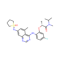 Cc1cc(N=S2(=O)CCCC2)cc2ncnc(Nc3ccc(F)cc3O[C@H](C)C(=O)N(C)C(C)C)c12 ZINC001772630327