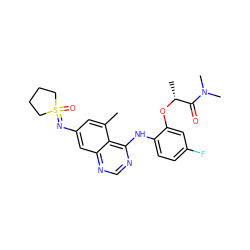 Cc1cc(N=S2(=O)CCCC2)cc2ncnc(Nc3ccc(F)cc3O[C@H](C)C(=O)N(C)C)c12 ZINC001772597358