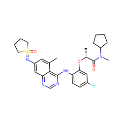 Cc1cc(N=S2(=O)CCCC2)cc2ncnc(Nc3ccc(F)cc3O[C@H](C)C(=O)N(C)C3CCCC3)c12 ZINC001772583423