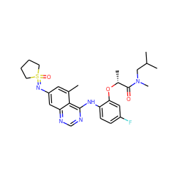 Cc1cc(N=S2(=O)CCCC2)cc2ncnc(Nc3ccc(F)cc3O[C@H](C)C(=O)N(C)CC(C)C)c12 ZINC001772654867