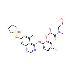 Cc1cc(N=S2(=O)CCCC2)cc2ncnc(Nc3ccc(F)cc3O[C@H](C)C(=O)N(C)CCO)c12 ZINC001772658150