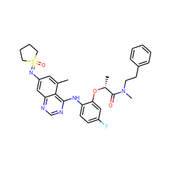 Cc1cc(N=S2(=O)CCCC2)cc2ncnc(Nc3ccc(F)cc3O[C@H](C)C(=O)N(C)CCc3ccccc3)c12 ZINC001772602915