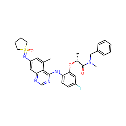 Cc1cc(N=S2(=O)CCCC2)cc2ncnc(Nc3ccc(F)cc3O[C@H](C)C(=O)N(C)Cc3ccccc3)c12 ZINC001772599736