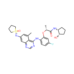 Cc1cc(N=S2(=O)CCCC2)cc2ncnc(Nc3ccc(F)cc3O[C@H](C)C(=O)N[C@@H]3CCC[C@@H]3O)c12 ZINC001772571946