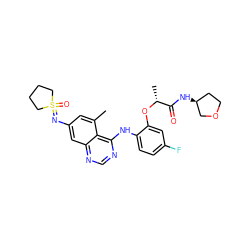 Cc1cc(N=S2(=O)CCCC2)cc2ncnc(Nc3ccc(F)cc3O[C@H](C)C(=O)N[C@H]3CCOC3)c12 ZINC001772606599