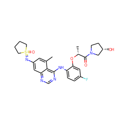 Cc1cc(N=S2(=O)CCCC2)cc2ncnc(Nc3ccc(F)cc3O[C@H](C)C(=O)N3CC[C@H](O)C3)c12 ZINC001772588061