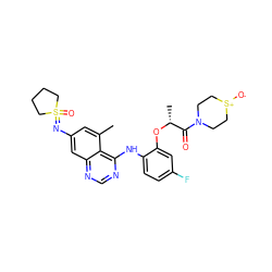 Cc1cc(N=S2(=O)CCCC2)cc2ncnc(Nc3ccc(F)cc3O[C@H](C)C(=O)N3CC[S+]([O-])CC3)c12 ZINC001772631464